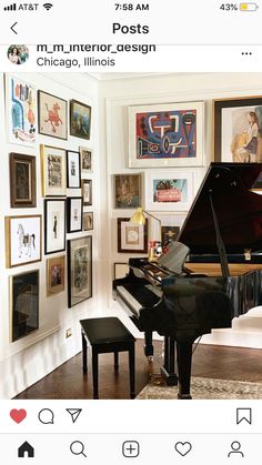 there is a piano in the room with many pictures on the wall