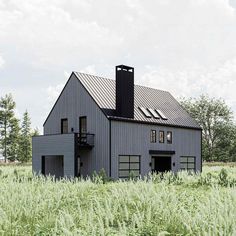 a large gray house with a metal roof in the middle of tall grass and trees