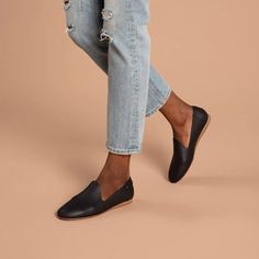 Darcy Black Leather Loafer On Model Up Close Flats For Work, Hit The Road Jack, Pop Color, Slip On Shoe, Black Leather Flats, Black Leather Loafers, Support People, Veg Tan Leather, Hit The Road