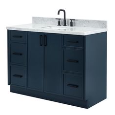 an image of a bathroom vanity with marble counter top and blue cabinetry on white background