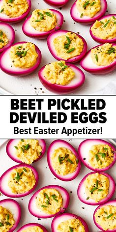 Beet pickled deviled eggs for Easter Healthy Easy Appetizers, Pickled Deviled Eggs Recipe, Pickled Deviled Eggs, Making Hard Boiled Eggs, Easter Appetizers, Pickled Eggs, Healthy Holiday Recipes, Pickled Beets, Holiday Favorite Recipes