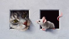 a cat and a rat looking out the windows at each other, with one mouse in front of them