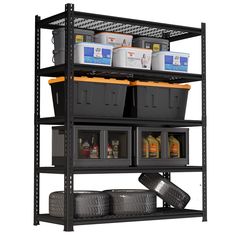 an industrial shelving unit with several bins and containers on the bottom shelf,