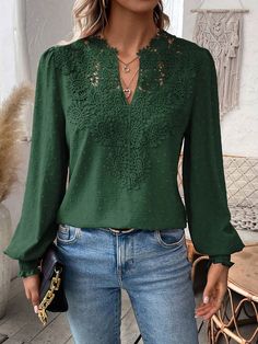 Shop Allegra K for paisley lace swiss dots smocked long sleeve blouse you are looking for, get more women's blouses for yourelf. Order now! Free Returns! Silk Outfits, Lace Long Sleeve Shirt, Western Tops, Over 60 Fashion, 60 Fashion, Burda Style, Lace Patchwork, Women's Blouses, Solid Color Shirt