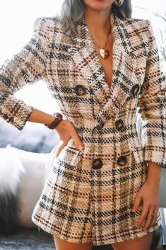 Snican British Style Women Plaid Tweed Jacket Coat With Pockets Fashion Office Ladies Double Breasted Tops Casual Outwear Za Looks Kate Middleton, Mode Prints, Woolen Coat Woman, Checked Blazer, Plaid Coat, Fashion Elegant, Woolen Coat