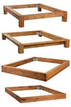 four different types of wooden bed frames with metal brackets on each side and one in the middle