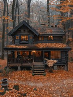 a log cabin in the woods surrounded by trees and leaves with fall foliage on the ground