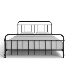 a black metal bed frame with white sheets and pillows on it, against a white background