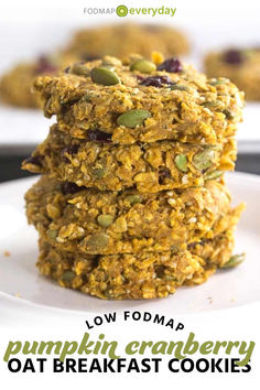 low fodmap pumpkin cranberry oat breakfast cookies stacked on top of each other