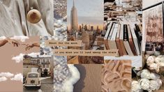 a collage of images with words and pictures on them that include buildings, clouds, flowers, books, people's hands