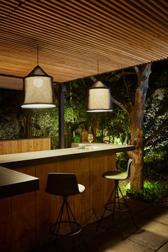 an outdoor bar with two lamps hanging from the ceiling