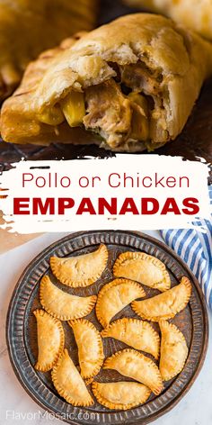 2-photo pin for chicken empanadas. The top photo shows a close-up of the filling inside the empanada pastry and the bottom photo shows an overhead view of a platter of chicken empanadas. In the middle is the title in red text on a white background that states Pollo or Chicken Empanadas. Argentina Chicken Empanadas, Shredded Chicken Empanadas Recipe, Mexican Chicken Empanadas Recipe, Best Chicken Empanadas Recipe, Jerk Chicken Empanadas Recipe, Chicken Empanadas Filling, Empanadas Recipe Chicken, Empanada Chicken, Chicken Empanadas Recipe Easy