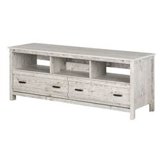 an entertainment center with two drawers and one door on the side, in whitewashed wood