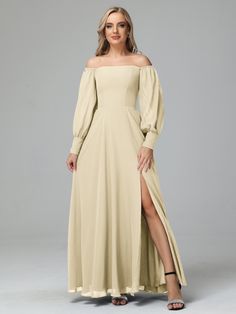 Champagne Champagne Bridesmaid Dresses, Chiffon Bridesmaid Dresses, Floor Length Skirt, Chiffon Long Sleeve, Mesh Long Sleeve, Chiffon Bridesmaid, Floor Length, Classic Design, Off Shoulder