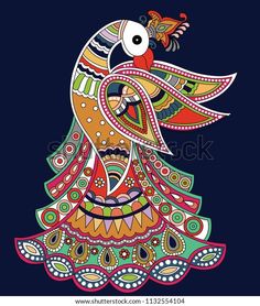 a colorful bird sitting on top of a flowered tree with an ornate pattern in the background