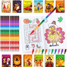 coloring book with thanksgiving themed pages and colored crayon pencils on white background