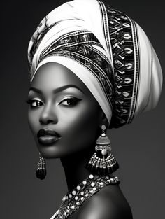 an african woman wearing a turban with earrings on her head and jewelry around her neck