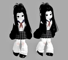 two black and white dolls with long hair wearing school uniforms, standing side by side