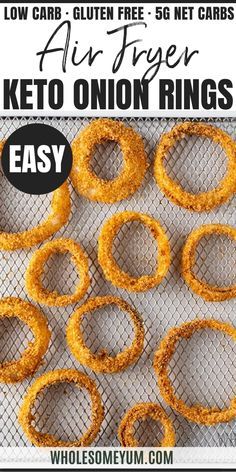 low carb gluen fried keto onion rings on a baking sheet with text overlay