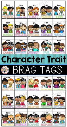 an image of the character traits for brag tags with different characters and numbers on them