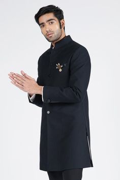 Black textured sherwani featuring faux leather on the Nehru collar and faux leather buttons, Fit: Slim Fit Short Kurtas, Sherwani For Men, Shirt Pant, Fabric Textured, Pleated Fabric, Black Textures, Aza Fashion, Fabric Cotton, Black Cotton