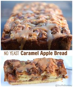 two pictures showing different types of bread with caramel toppings on top and bottom