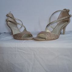 Size 8.5 Brand New Shoes With 3 Inch Heel , Double Straps, Perfect For Weddings, And Any Elegant Affair. Smokefree And Very Sparkly As The Matching Table Drapes/Runners In Background Used For Wedding Drapes On Tables (Will Be Offered Soon) Wedding Drapes, Wedding Draping, Bridal Heels, 3 Inch Heels, Shoes Brand, Shoe Brands, New Shoes, Pink And Gold, Shoes Women Heels