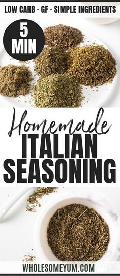 the ingredients for homemade italian seasoning on a white plate