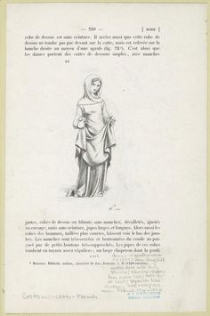 an old drawing of a woman wearing a veil and standing in front of a white background