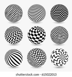 six black and white balls with different patterns on the top one has an abstract design