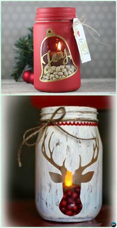 two mason jars decorated with christmas decorations, one is red and the other is white