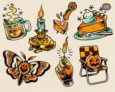 a drawing of some food and drinks on a white background with words that say happy halloween