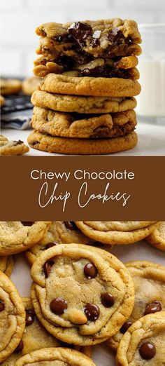 chewy chocolate chip cookies stacked on top of each other with the title above it