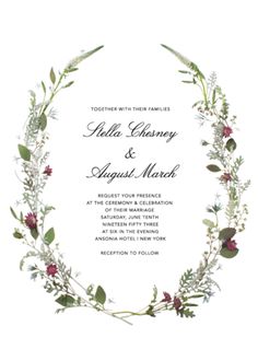 a wedding card with greenery and flowers in the shape of a circle on white paper