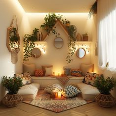 a living room filled with lots of furniture and plants on top of the walls,