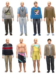 six different poses of men with no shirts or pants on their bodies, all wearing sweaters and shorts