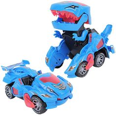 two toys that are in the shape of cars and one has a dinosaur head on it