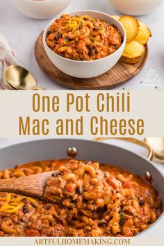 one pot chili macaroni and cheese in a pan