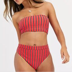 Red Striped Bandeau Bikini Top Brand New Never Worn Nwt Strings Included No Bottoms Red Bandeau Swimwear For Sunbathing, Red Bandeau Swimwear For Beach, Red Bandeau Swimwear For Summer, Red Summer Tankini For Beach Party, Trendy Red Swimwear For Sunbathing, Trendy Red Swimwear For The Pool, Red Summer Tube Top For Beach, Red Bandeau Tube Top For Summer, Red Strapless Swimwear For Summer