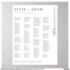 the wedding seating chart for elye and adam, which is printed on white paper