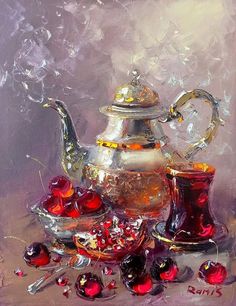 an oil painting of a tea pot and some cherries