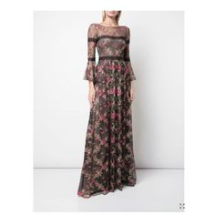 Marchesa Notte Black Floral Embroidered Lace Long Bell Sleeve Romantic Gown Size: 4 Us Color: Black/Pink/Green/Metallic Bust: 35in. Waist: 29in. Hip: 70in. Length: 61in. Vines Of Rosy Embroidery Dance Across This Romantic Lace-Trimmed Dress Made From Metallic Swiss-Dot Tulle That Shimmers In The Moonlight. Hidden Back-Zip Closure Bateau Neck Bracelet-Length Sleeves Lined 72% Nylon, 28% Metallic Fibers With 100% Nylon Trim Dry Clean Brand New With Tag. Elegant Pink Maxi Dress With Floral Embroidery, Elegant Pink Floral Embroidered Maxi Dress, Pink Embroidered Dress For Gala, Black Floral Print Evening Gown, Black Floral Print Gown For Gala, Black Floral Evening Gown, Evening Embroidered Lace Maxi Dress, Black Floor-length Gown With Floral Print, Black Floral Print Floor-length Gown