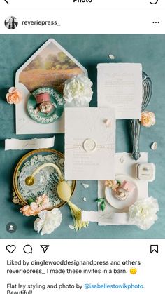 the wedding stationery is laid out on top of each other