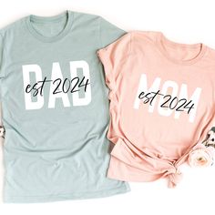 Personalized Mom Est 2024, Dad Est 2024 Shirt, Custom Mom And Dad Sweatshirt, New Dad, New Mom Gift, Pregnancy Reveal, Dad To Be, Mom to be, Mom Est Shirt, Dad Est Shirt, New Parents Gift, Baby Announcement, Size and Color - Unisex T-shirt - Choose your shirt size and color from Drop down menus "The price includes one side of printing. Please extra $4.99 for printing two side" Material Cotton - Comfortable and Durable Care Instruction Please Inside and out before wash Warm machine wash gentle Do Dad To Be, Mom To Be, New Mom Gift, Pregnancy Reveal, Pregnancy Reveals, Gifts For New Parents, New Dads, New Mom, Gifts For New Moms