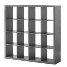 a gray bookcase with six shelves on each side