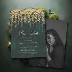 an elegant wedding card with gold foil and greenery on the front, in black and white