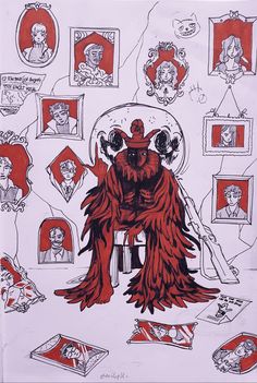 a red and black drawing of an animal surrounded by other people's heads, with pictures on the wall