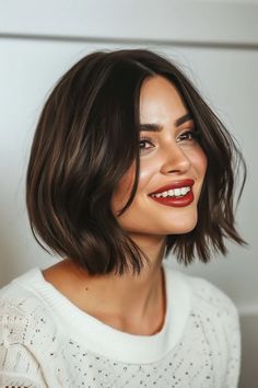 Bob-Variationen: 59+ Styles für jeden Anlass - hairtastic.de Mid Length Inverted Bob, Short Brown Bob Hairstyles, Shoulder Length Bob Fine Hair, French Bob With Fringe Round Face, Short Bob Brunette, Short Brunette Hair Bob, Wavy Bob With Fringe, Brunette Bob Hairstyles, Flicked Bob