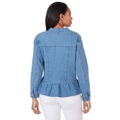 Ruby Road's ever-so-comfortable stretch denim jacket is detailed with a forward point collar, patch pockets, long sleeves, an easy button front and a ruffled hem. Pair it with everything from jeans and skirts to your favorite pants or capris. This style is also available in White. Low Low, Low Iron, Ruffle Hem, Denim Women, Stretch Denim, Patch Pocket, Denim Jacket, Ruby, Long Sleeves