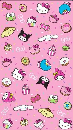 a pink background with hello kitty and donuts on it